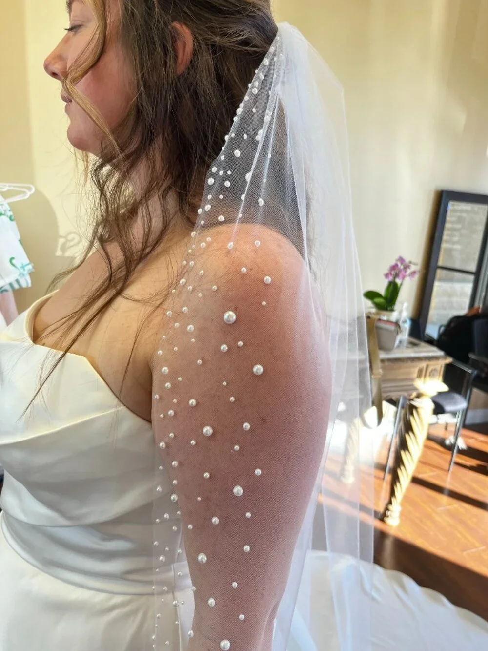 Handmade Cathedral Pearl Wedding Veil | Pearl Trim | Soft Tulle | White | Bridal